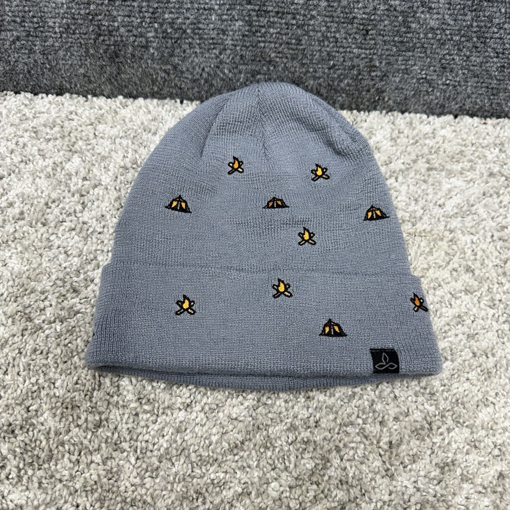 PrAna‎ beanie toboggan knit hat cap camping tent fire embroidered gray